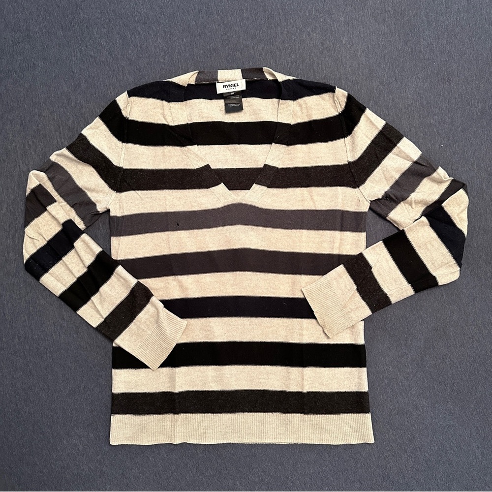 RYKIEL Homme Men's Merino Wool Sweater V-neck Stripe Grays Black